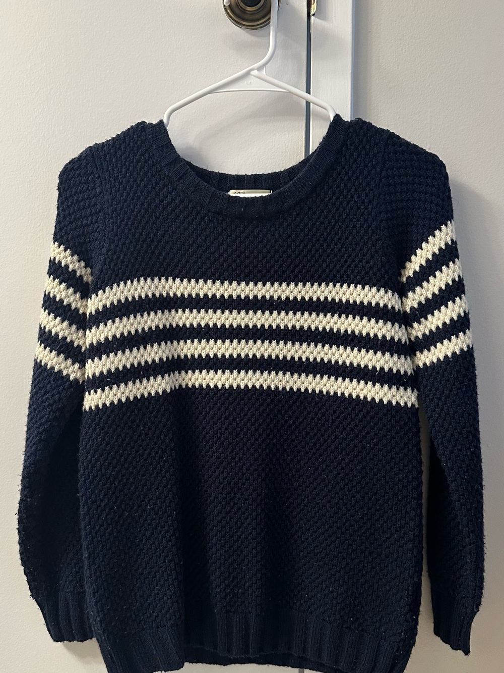 Striped Navy Crewneck Sweater with Cream Accents